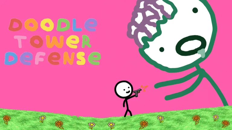 Arte de Doodle Tower Defense: um bonequinho de palito atirando em um zumbi gigante desenhado à mão